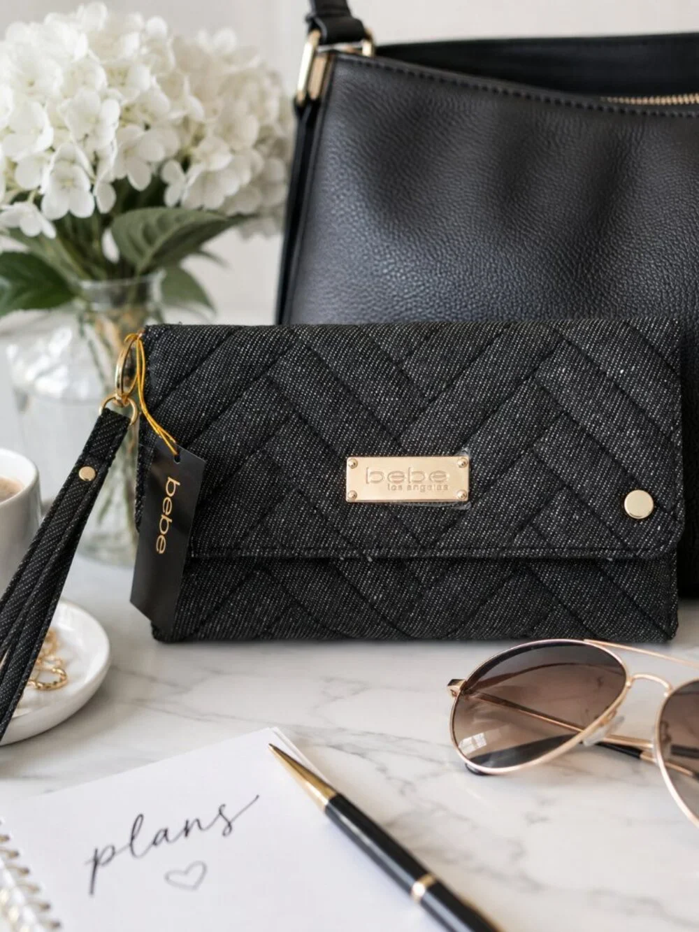 bebe Los Angeles Black Quilted Wallet Wristlet NWT Gold Hardware
